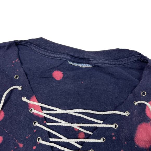 Vintage 1995 MLB Indians Bleach Dye V-Neck Lace Up Crop Top Tee T-Shirt XL - Picture 4 of 6